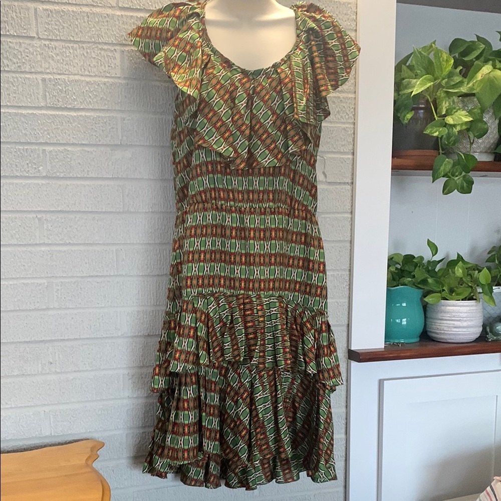 Cynthia Steffe Size 6 100% Silk Sleeveless Green Orange Dress Tiered Ruffles